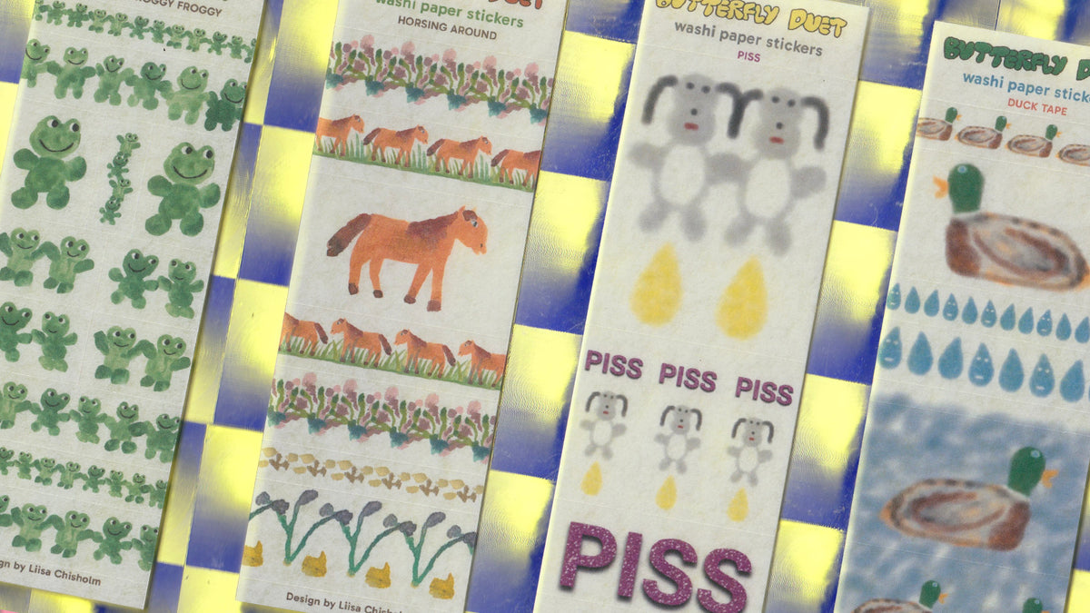 Four sheets of whimsical washi paper stickers featuring playful illustrations of animals, flowers, and text, arranged diagonally on a yellow and blue checkered background.